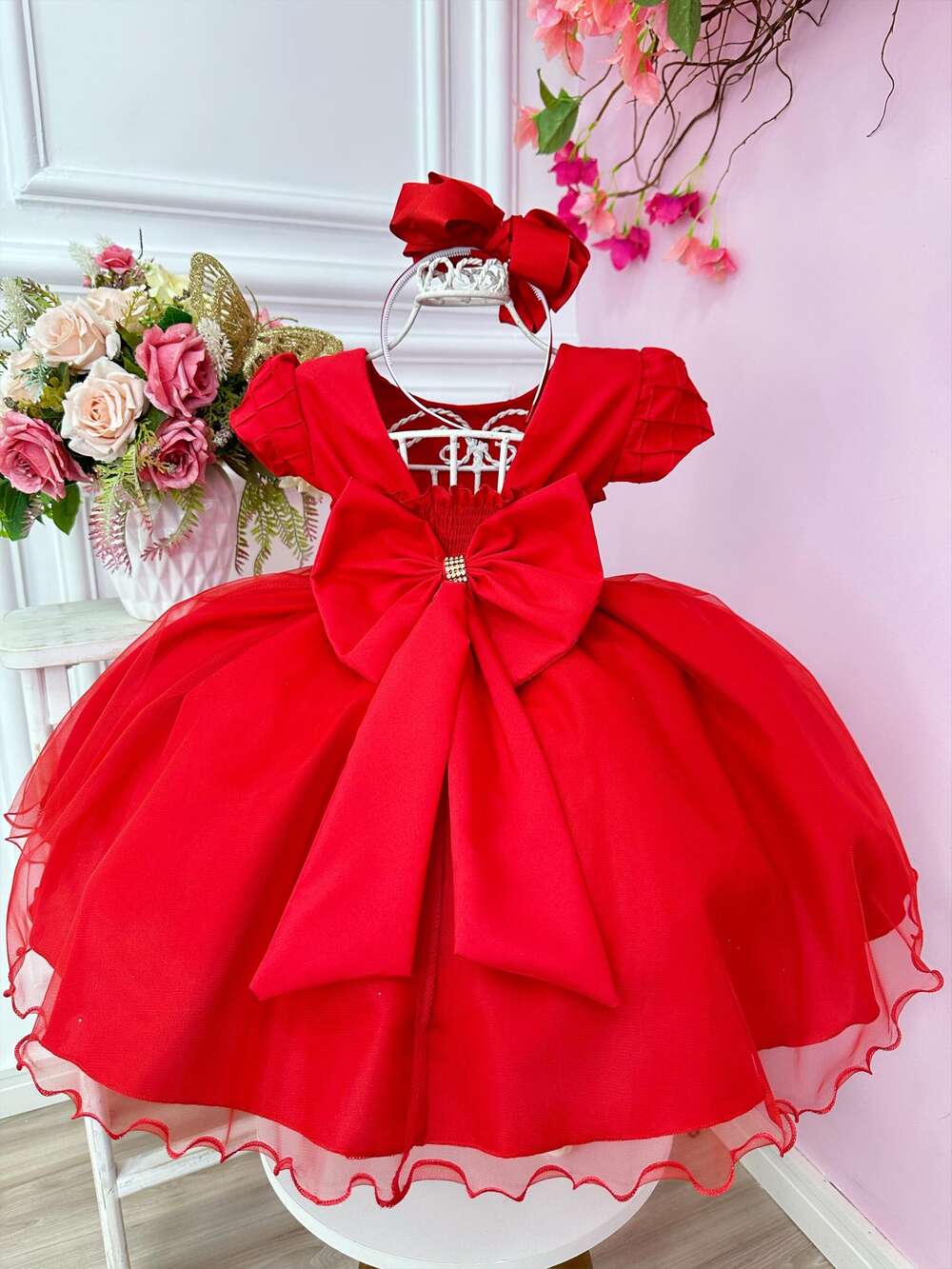 Vestido Infantil Vermelho Busto Nervura Cinto Pérolas Festas