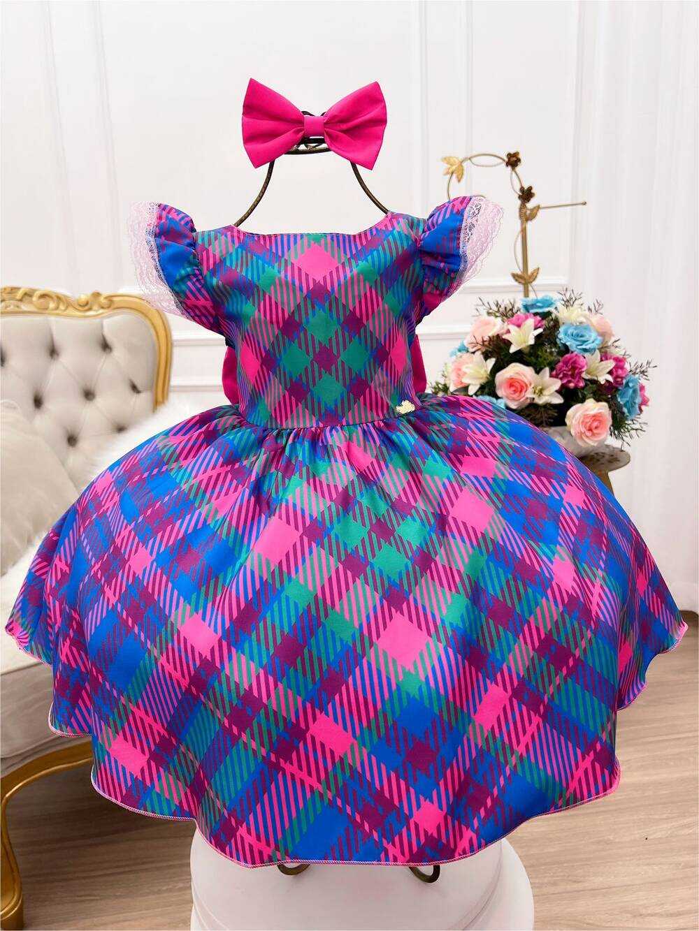 Vestido Infantil Azul Royal Colorido Xadrez C/ Laço Luxo