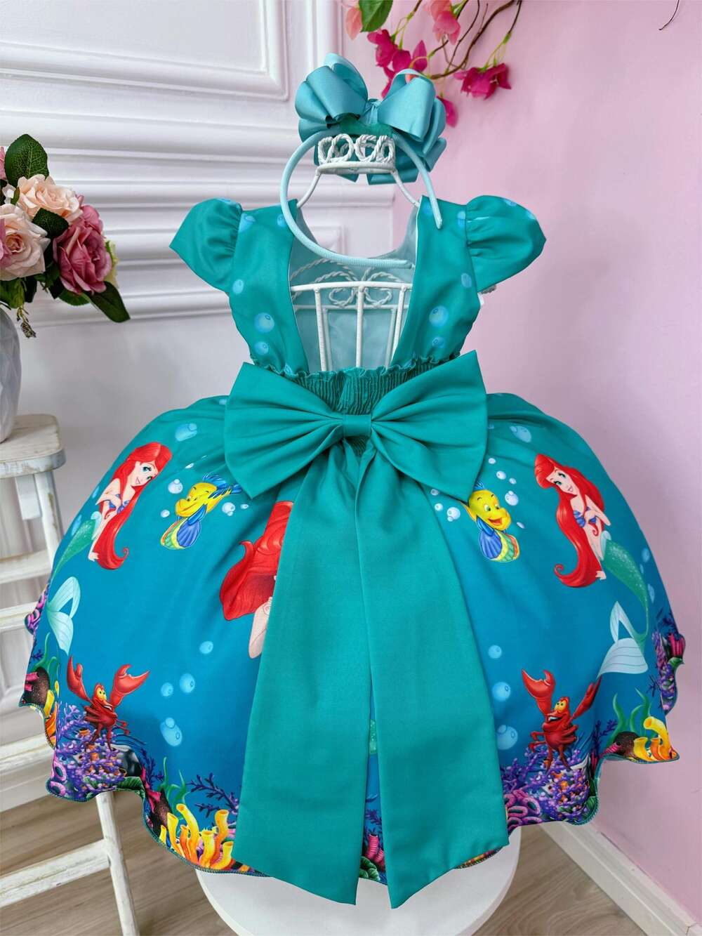 Vestido Infantil Ariel Linguado Fundo Mar Verde C/ Pérolas