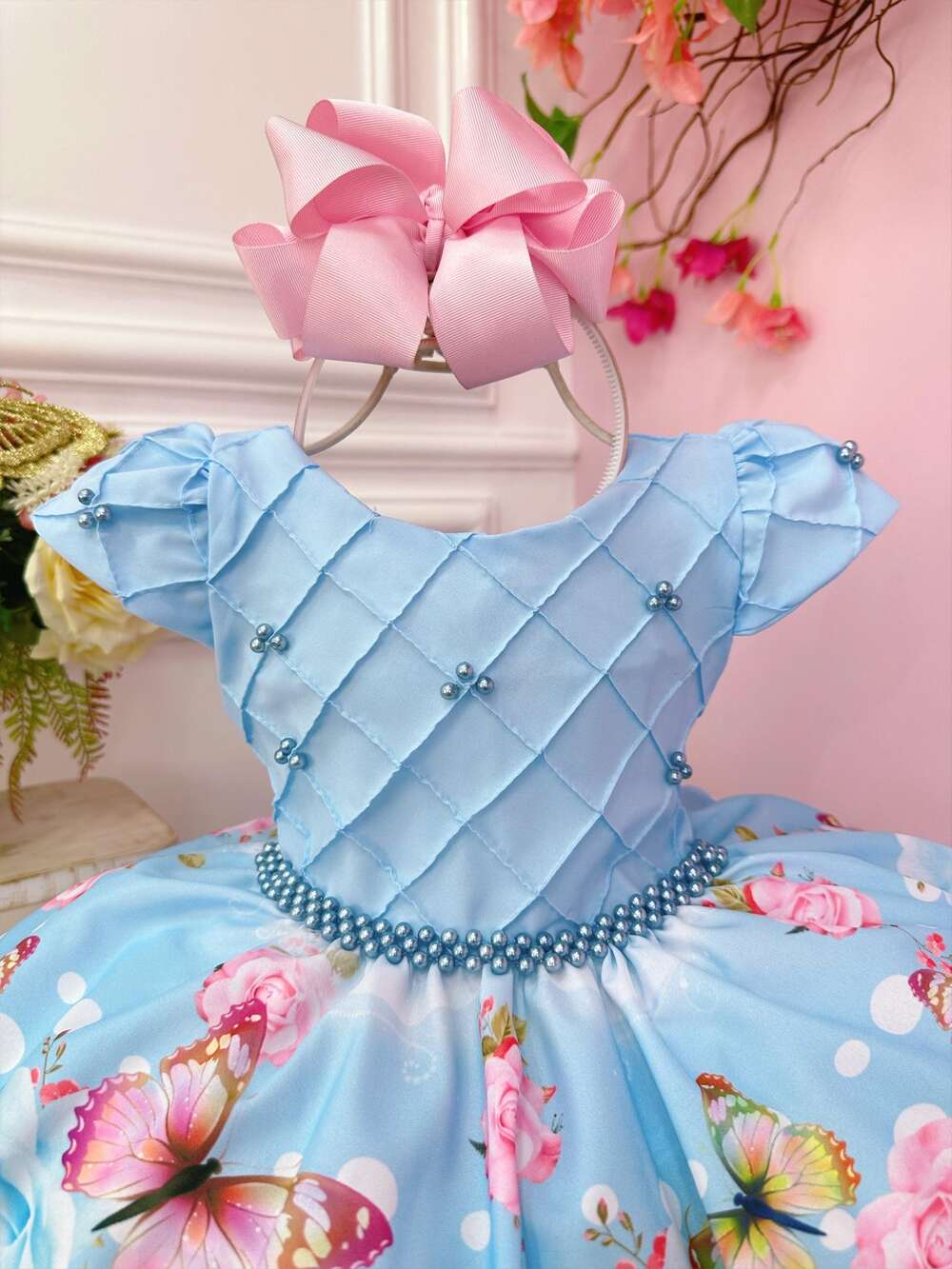 Vestido Infantil Azul Bebê Busto Nervura C/ Pérolas Festas