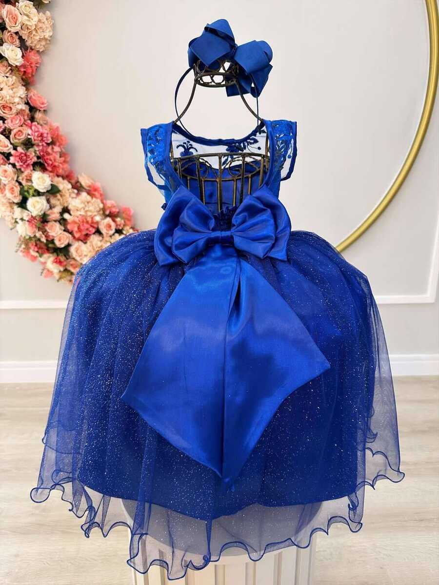 Vestido Infantil Azul Royal Renda Realeza Tule C/ Glitter