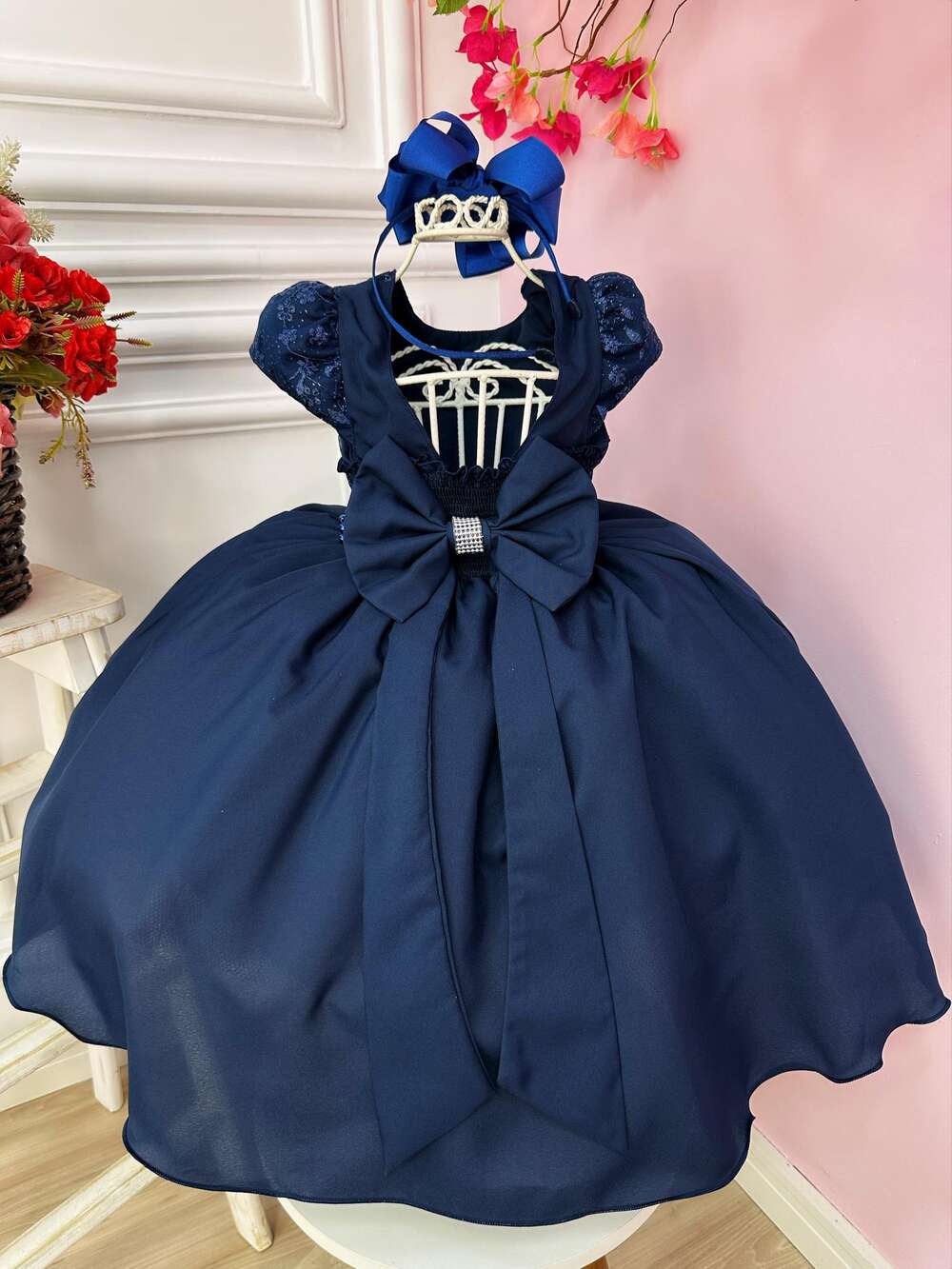 Vestido Infantil Azul Marinho Busto C/ Renda e Cinto Pérolas