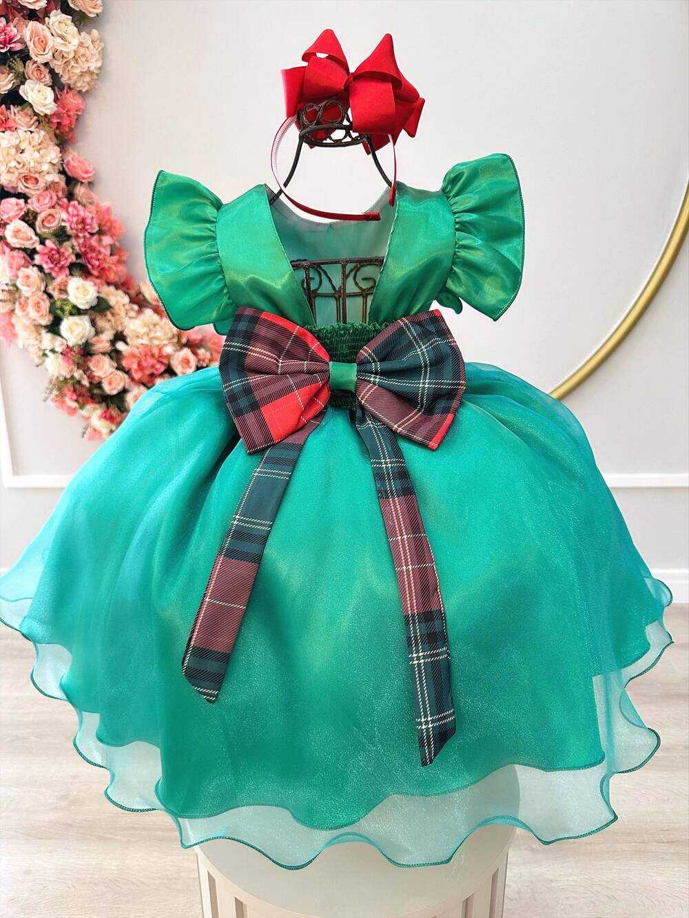 Vestido Infantil Verde C/ Broche de Flores Festas Natal