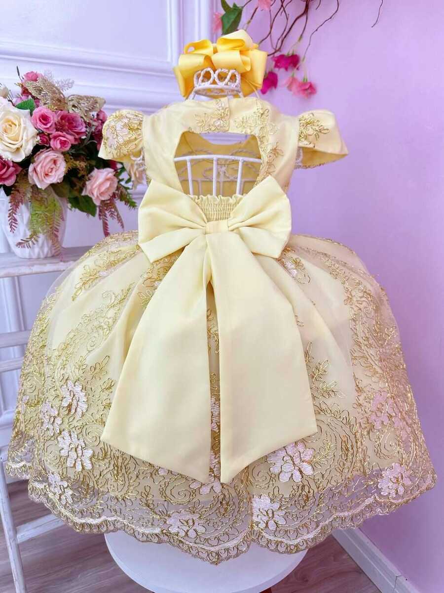 Vestido Infantil Amarelo C/ Renda Realeza Cinto Pérolas