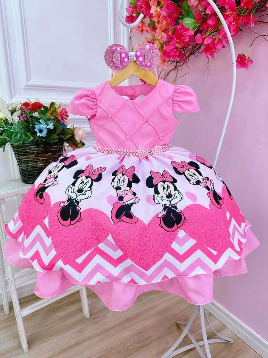 Vestido Infantil Minnie Rosa Cinto de Pérolas C/ Tiara