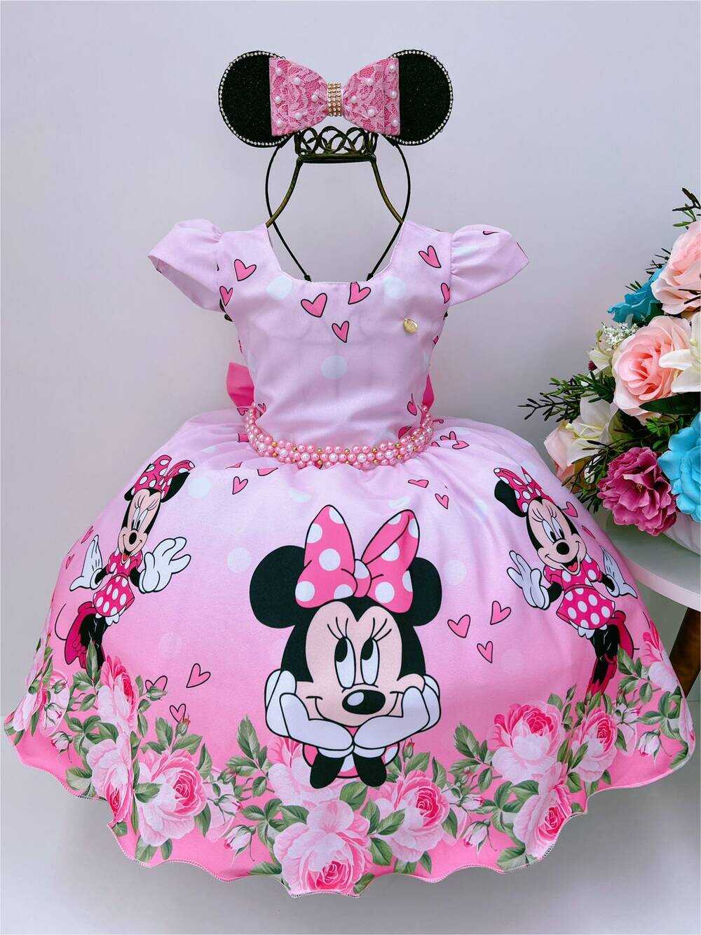 Vestido Infantil Rosa Minnie C/ Laço Pérolas Luxo