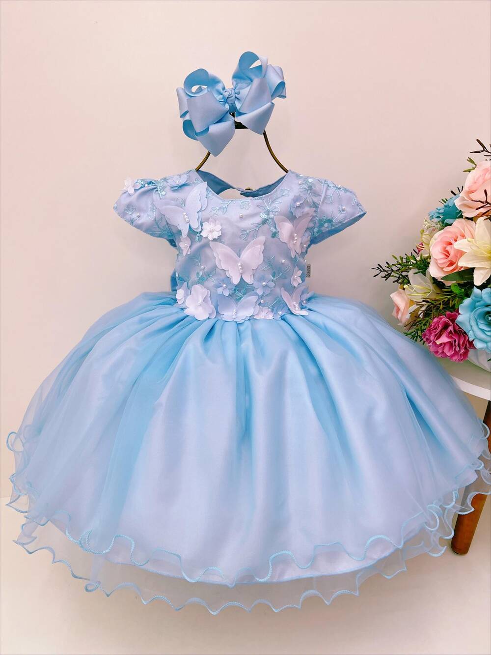 Vestido Infantil Azul Aplique Borboletas e Flores Renda Luxo