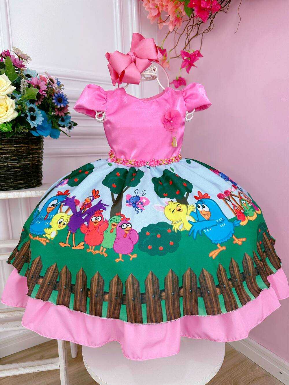 Vestido Infantil Galinha Pintadinha Rosa Chiclete Luxo