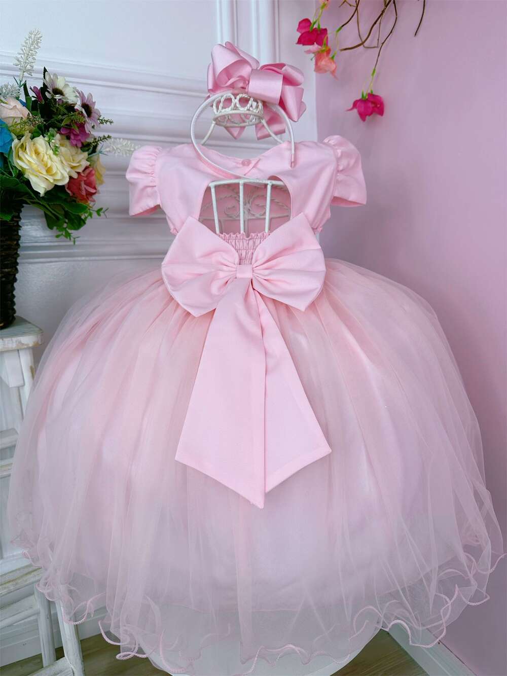 Vestido Infantil Rosa C/ Pérolas no Peito e Cinto Luxo