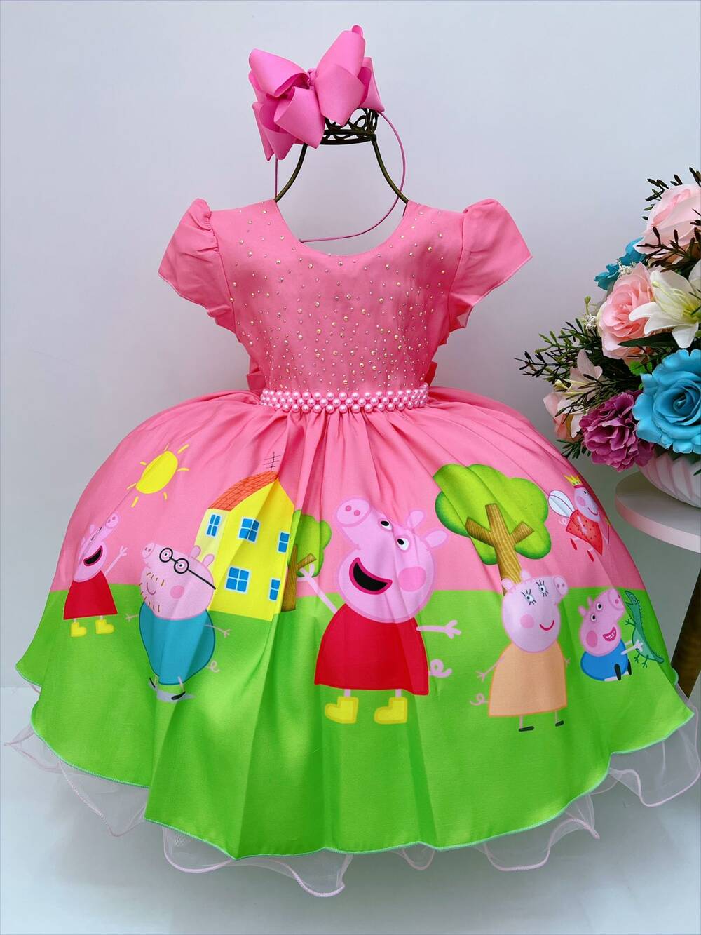 Vestido Infantil Peppa Pig Rosa chiclete Strass C/ Máscara Luxo