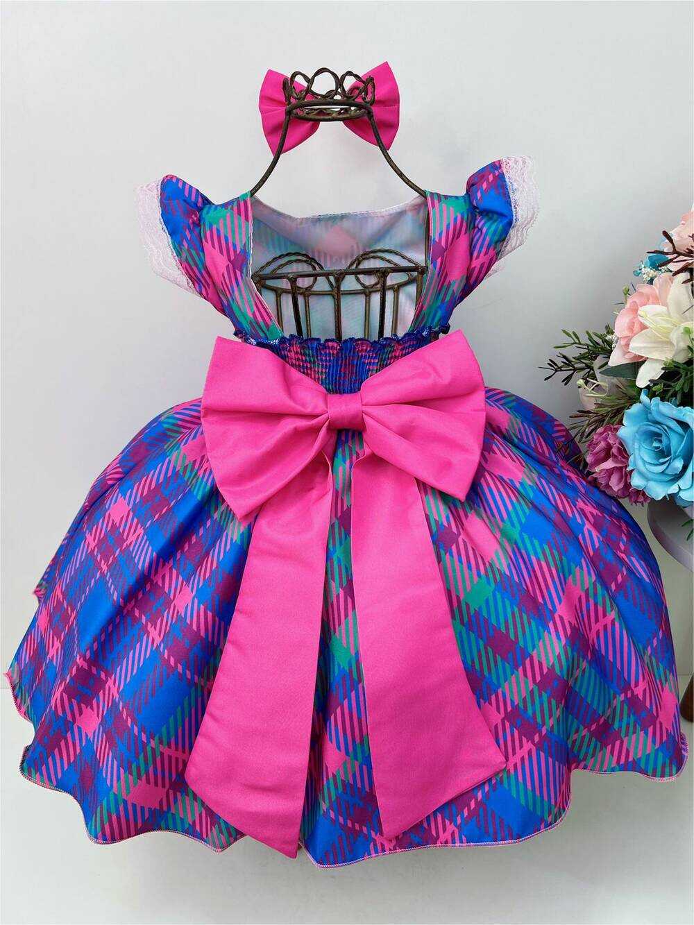 Vestido Infantil Azul Royal Colorido Xadrez C/ Laço Luxo