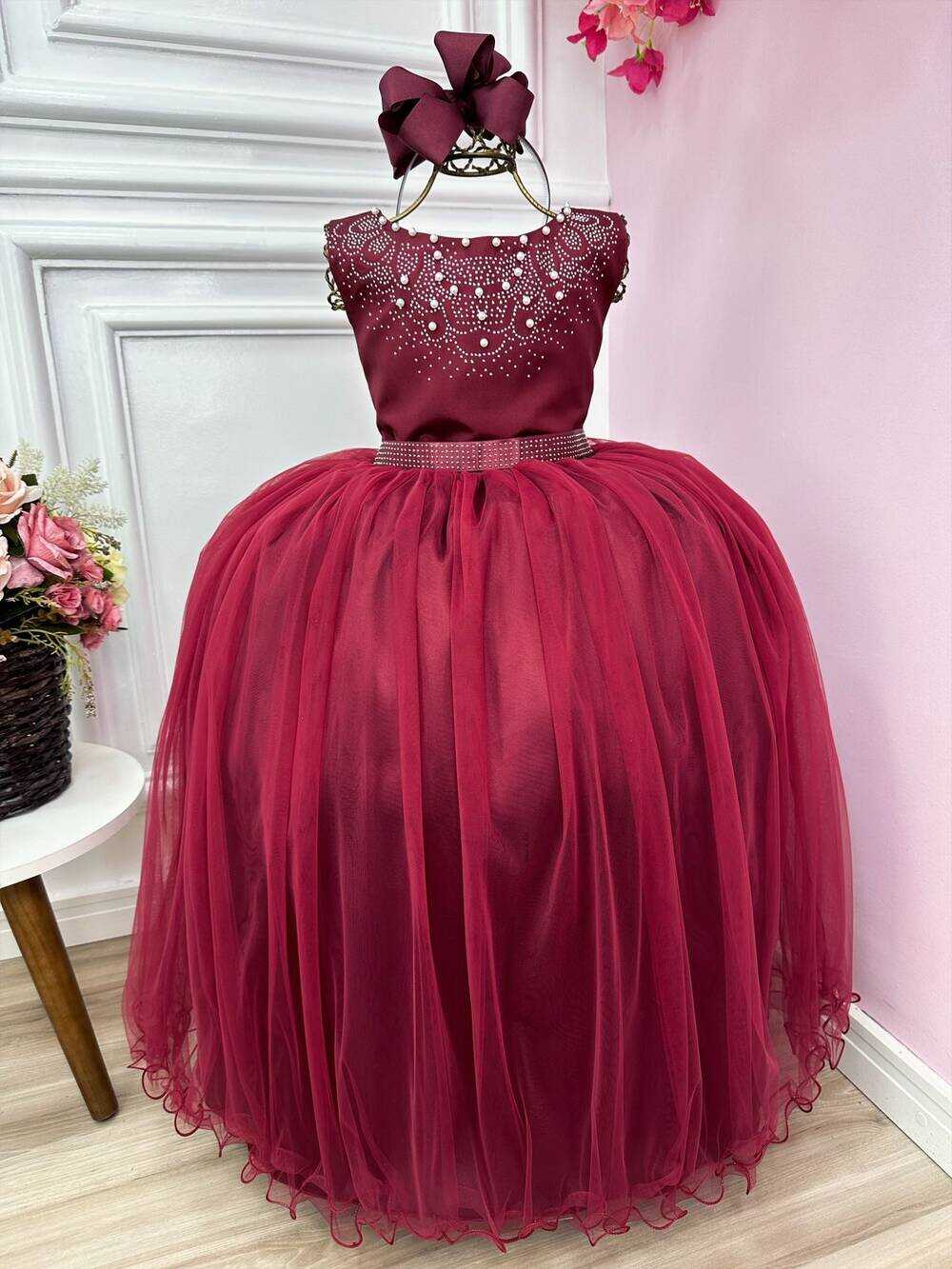 Vestido Infantil Damas de Honra Longo Marsala Strass Pérolas