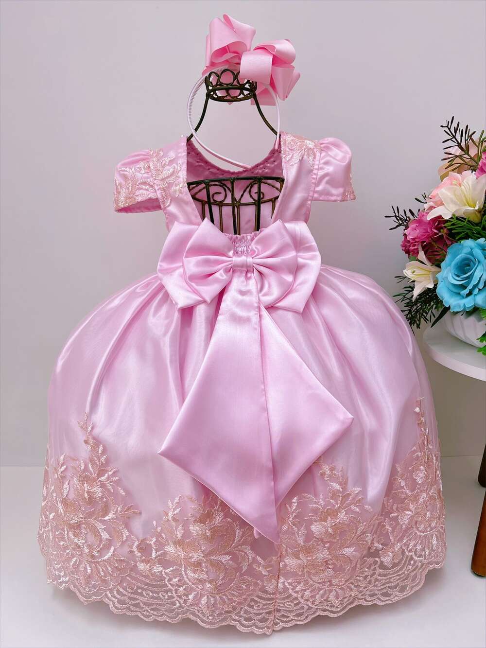 Vestido Infantil Rosa Rendado Casamento Damas Luxo Pérolas