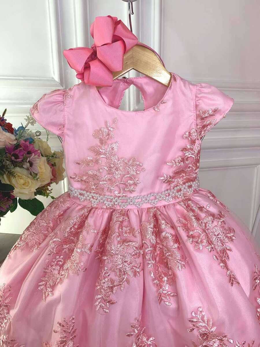 Vestido Infantil Rosa Com Renda Realeza e Cinto Pérolas