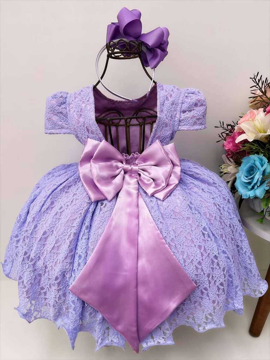 Vestido Infantil Realeza Lilás Renda e Pérolas Festa Luxo