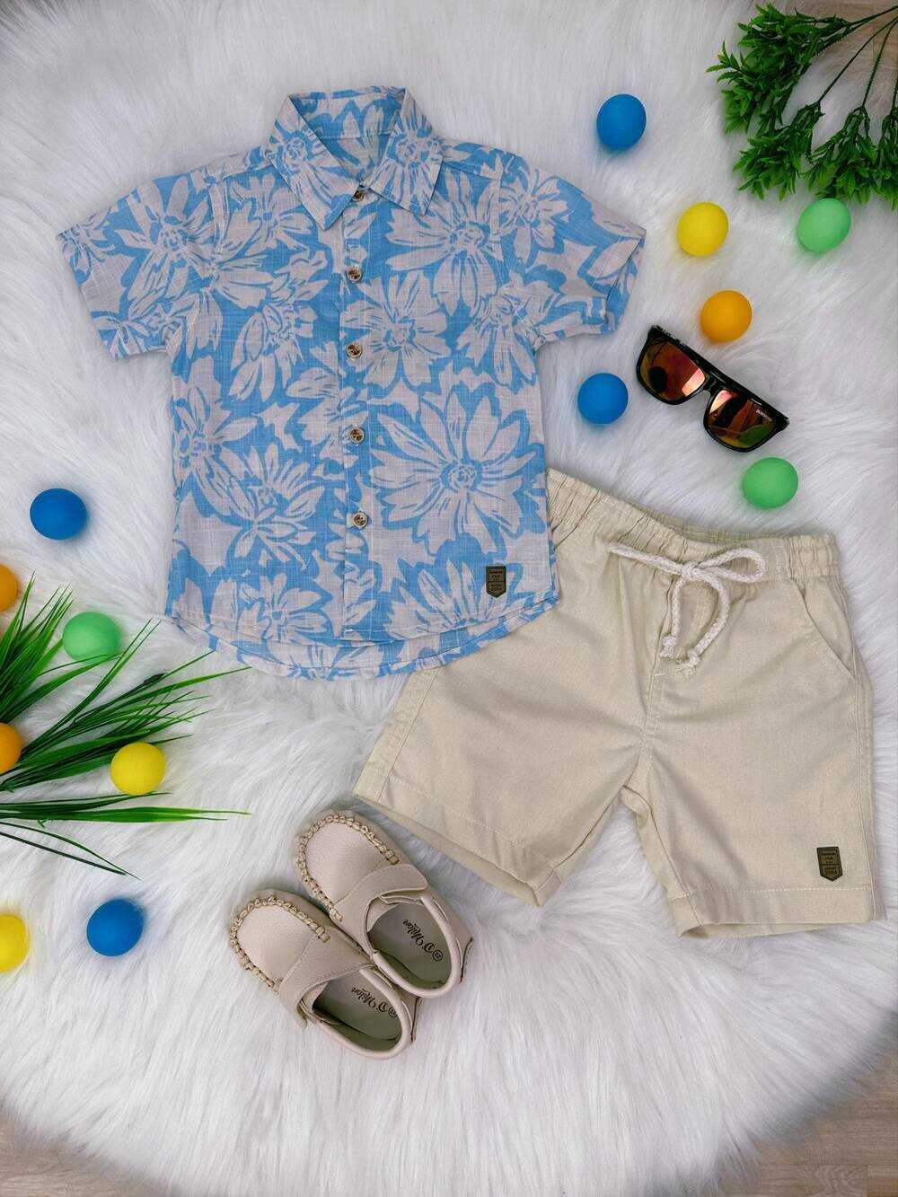 Conjunto Camisa Havaí e Short Com Cordão Marfim