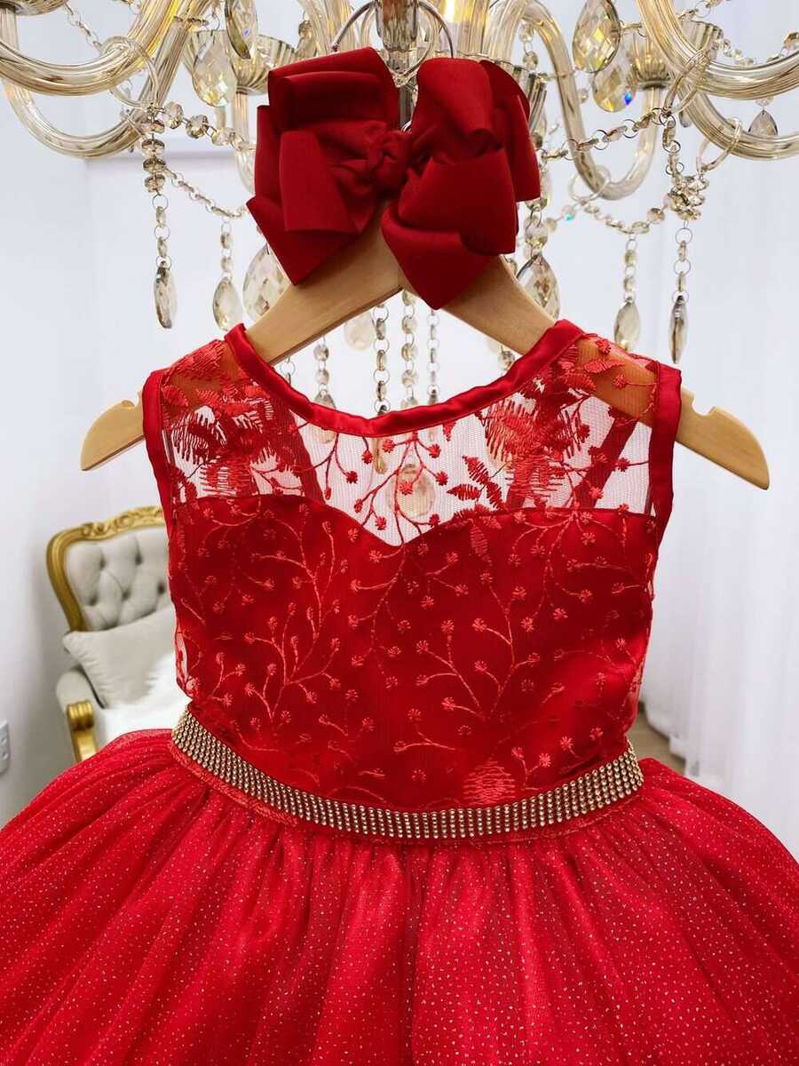 Vestido Infantil Vermelho Renda e Tule C/ Brilho Luxo