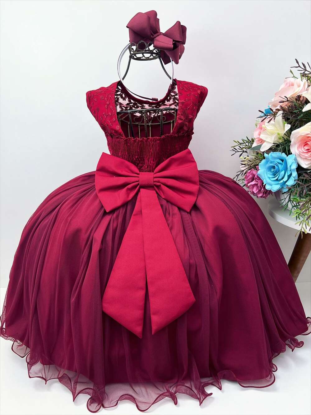 Vestido Infantil Marsala C/ Renda Cinto de Pérolas Damas