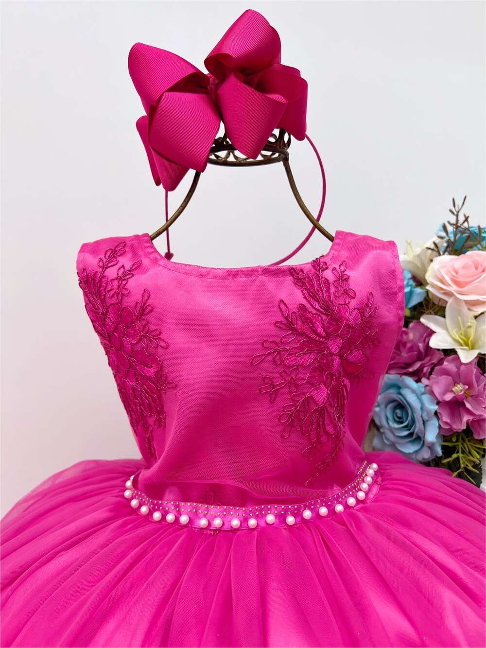 Vestido Infantil Pink Renda Cinto de Pérolas Strass