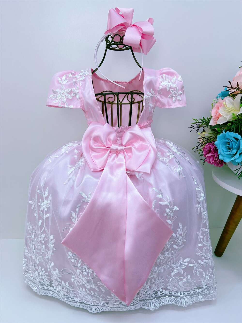 Vestido Infantil Rosa Renda Branca Realeza C/ Pérolas Luxo