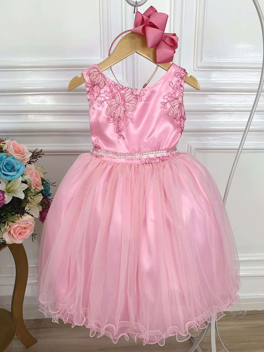 Vestido Infantil Rosa Damas de Honra Cinto Pérola Strass