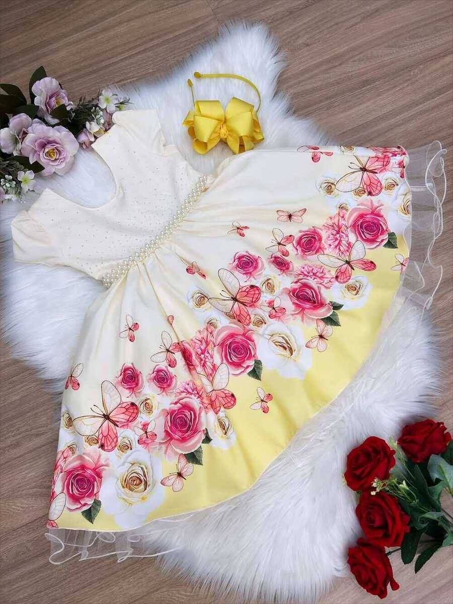 Vestido Infantil Marfim Jardim das Borboletas Pérolas Luxo