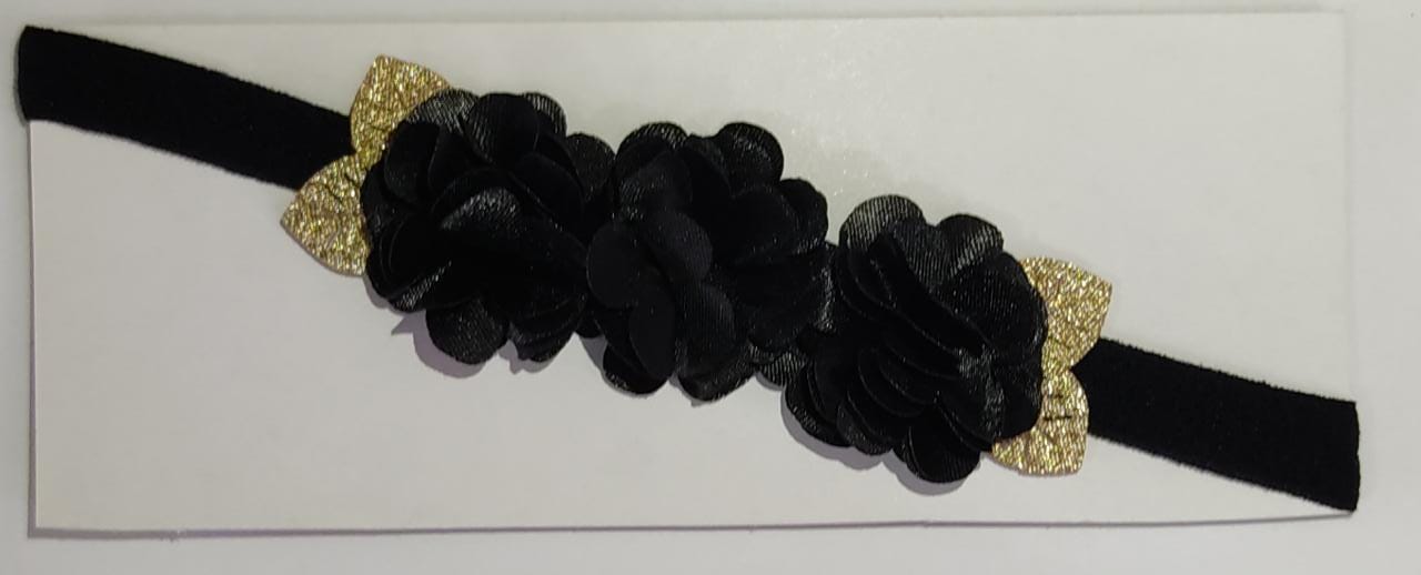 Faixinha de Cabelo Bebê Preto C/ Aplique Flores Dourada