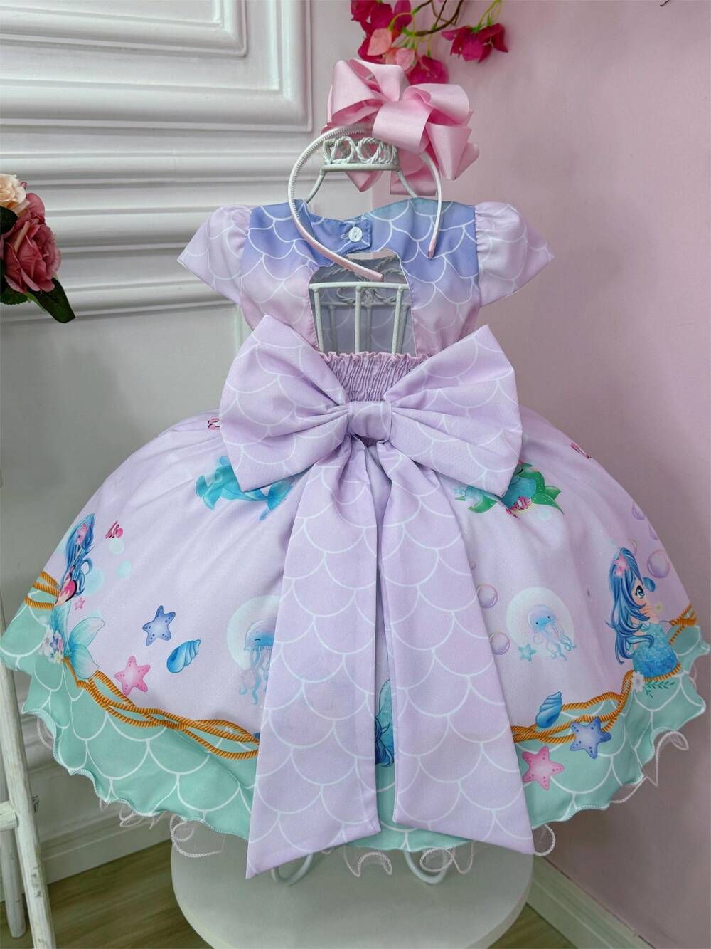 Vestido Infantil Rosa e Lilás Sereia Escamas e Cinto Pérolas