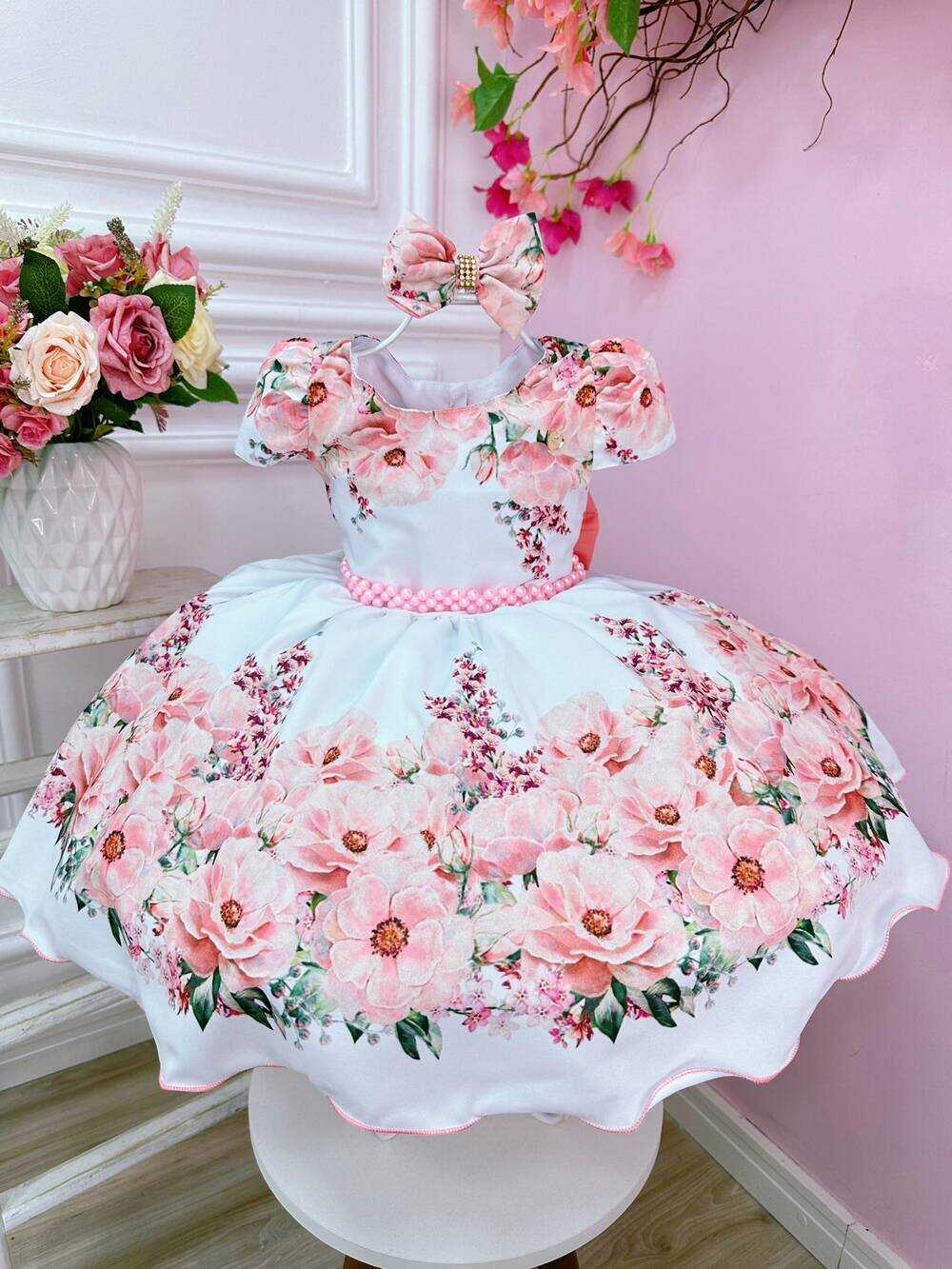 Vestido Infantil Branco Jardim das Flores C/ Cinto E Laço