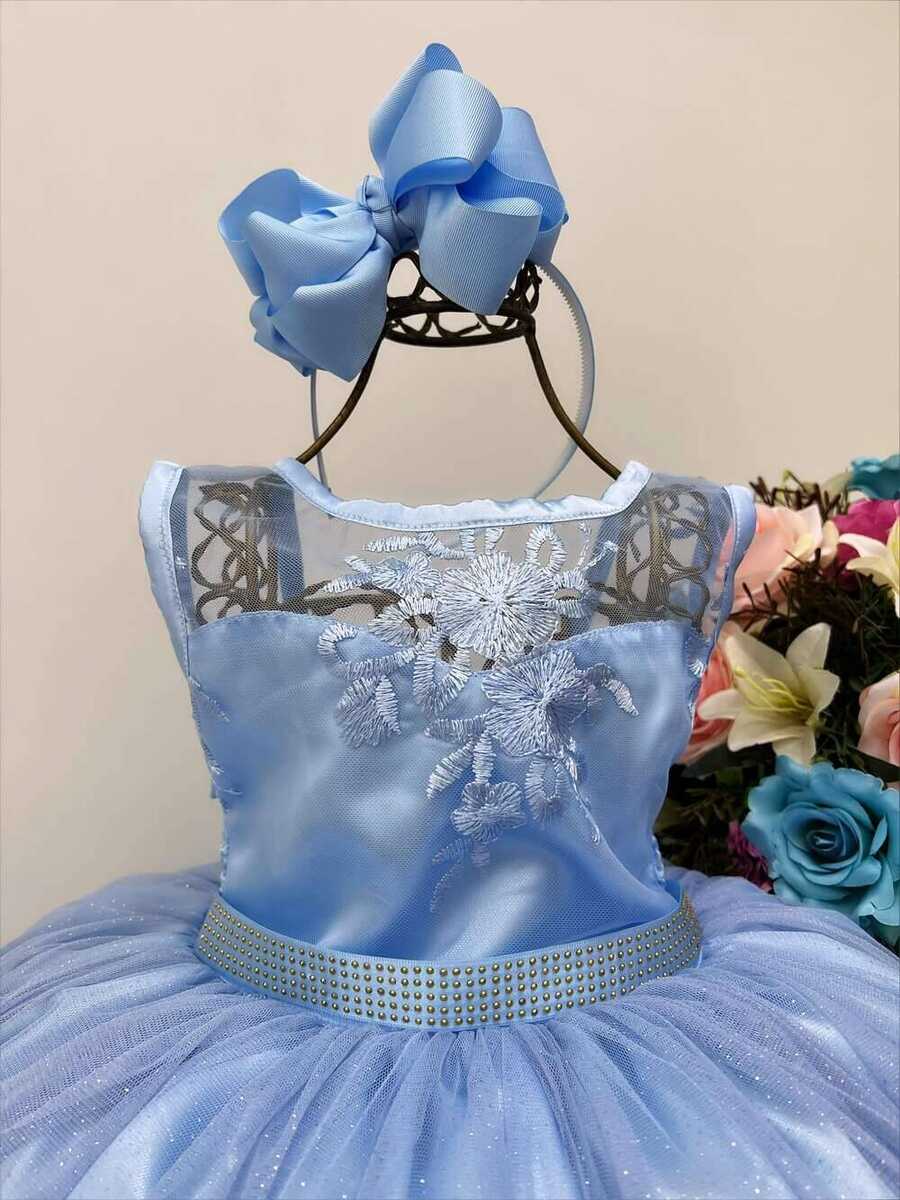 Vestido Infantil Azul Renda Cinto Strass Tule Brilho Damas