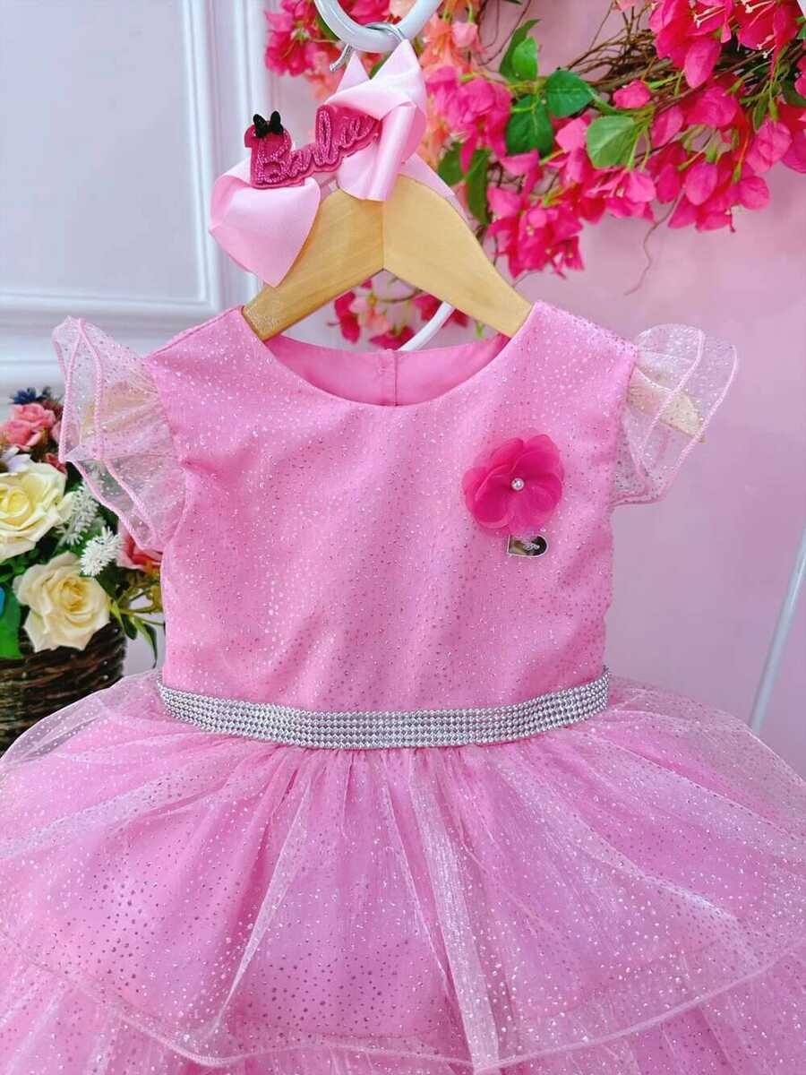 Vestido Infantil Barbie Rosa Glitter Cinto Strass Broche Flor