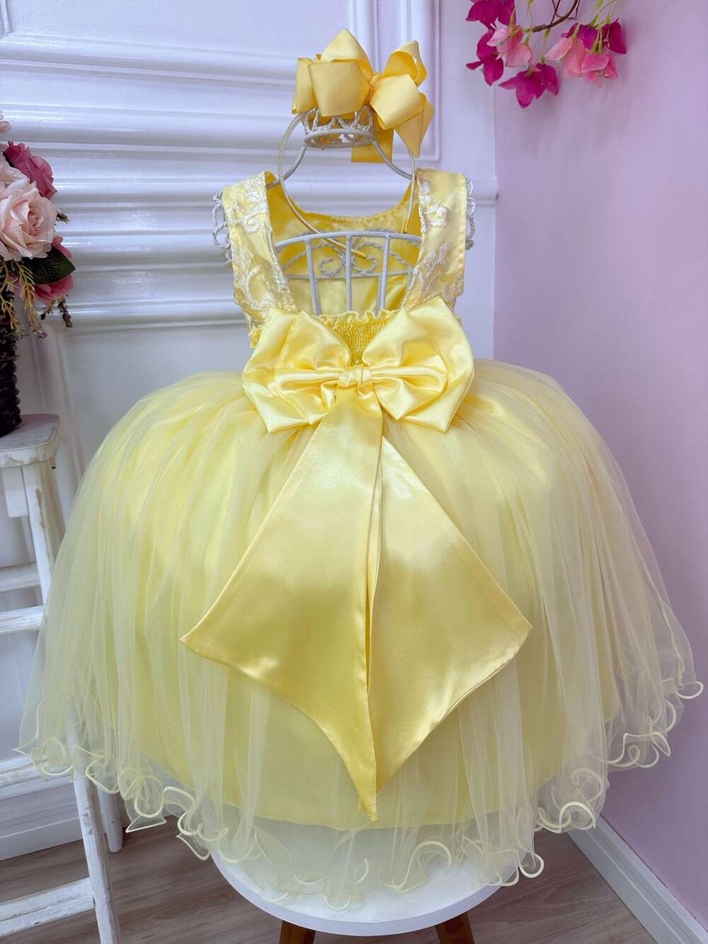 Vestido Infantil Amarelo Damas de Honra Renda Pérola Strass