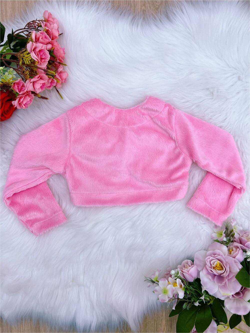 Bolero Infantil de Pelúcia Rosa Chiclete Plush Botão Laço Stass