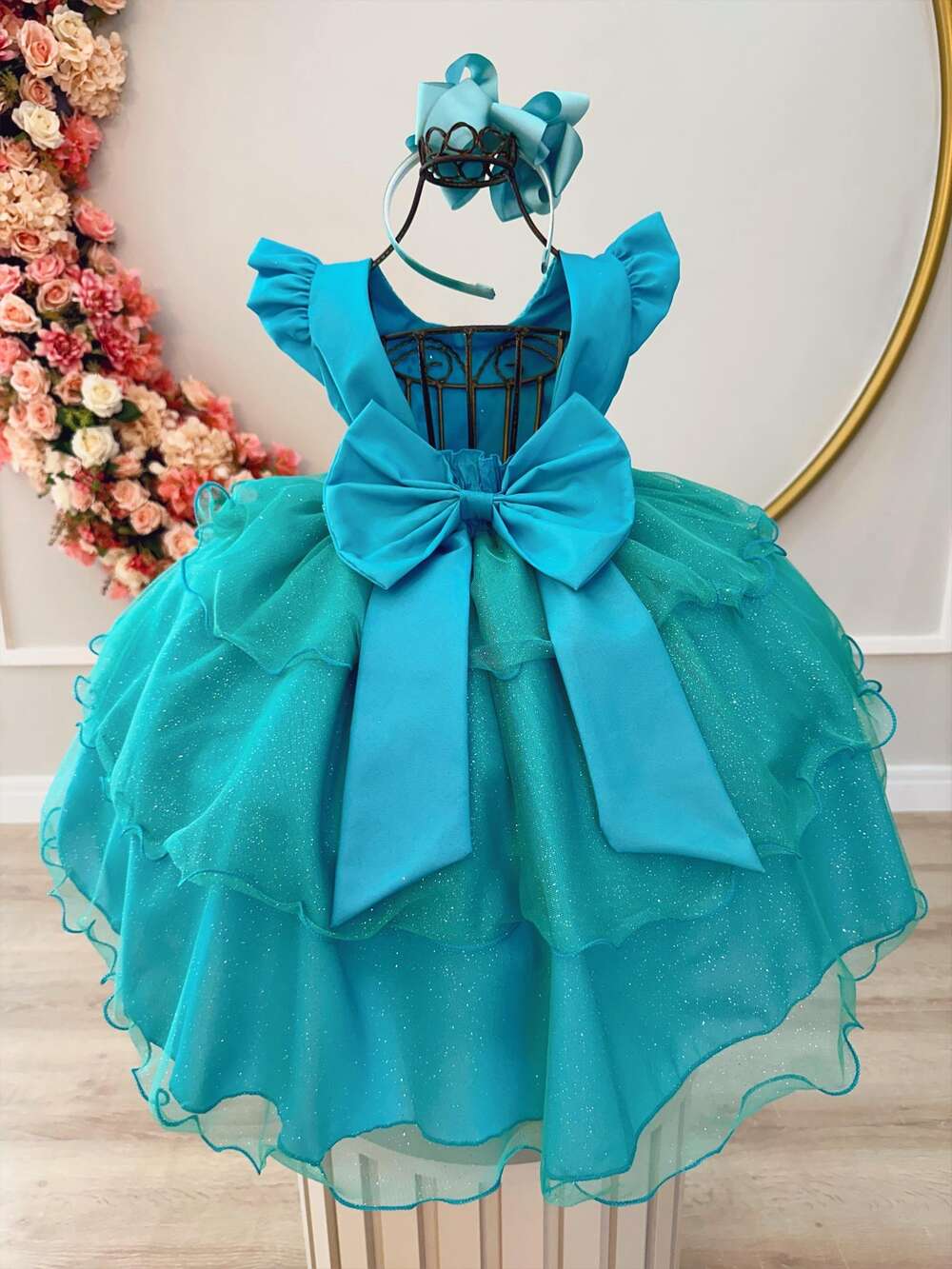 Vestido Infantil Verde Tiffany C/ Renda Glitter Strass Festas