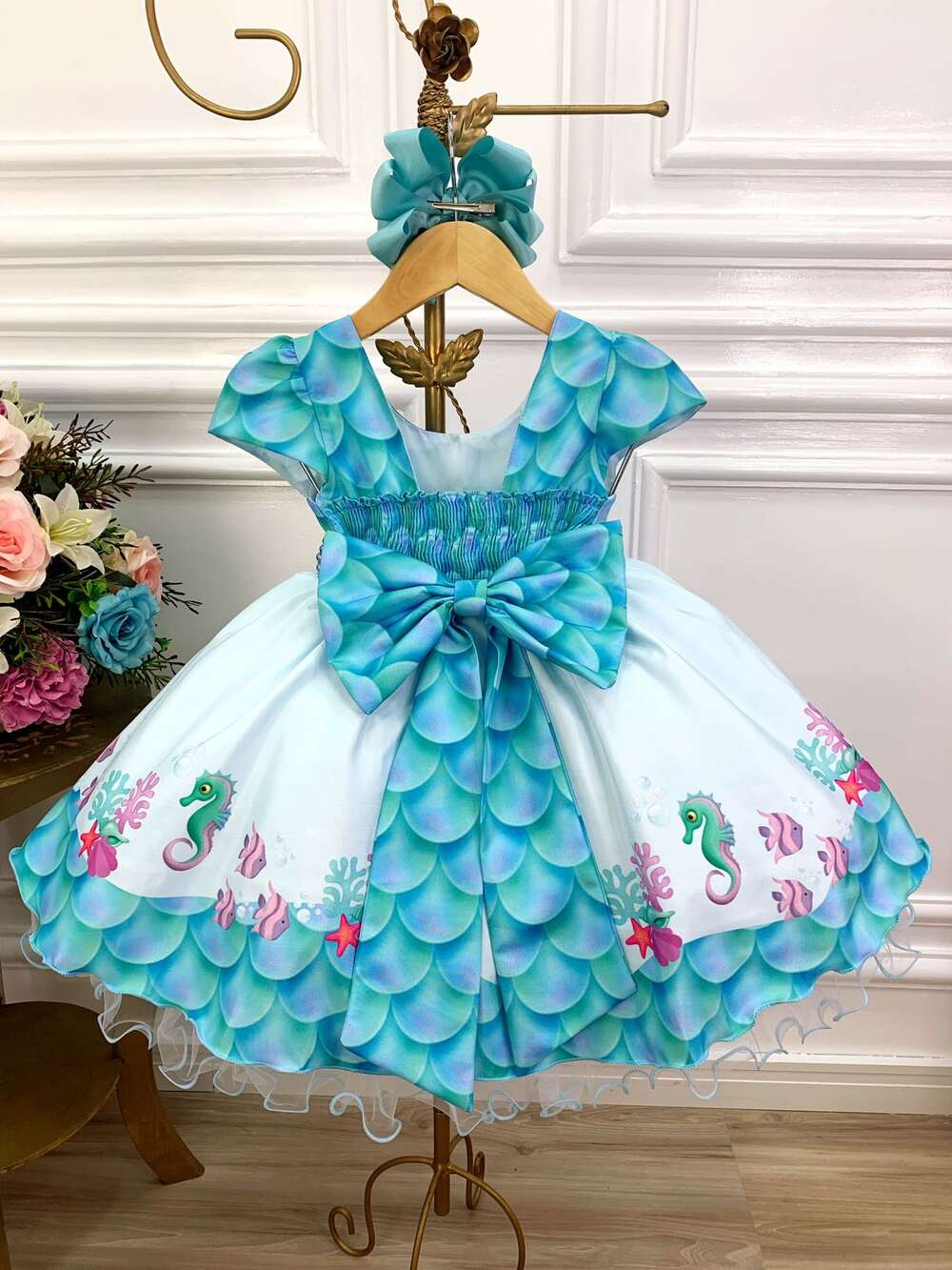 Vestido Infantil Fundo do Mar Com Cinto de Pérolas Luxo