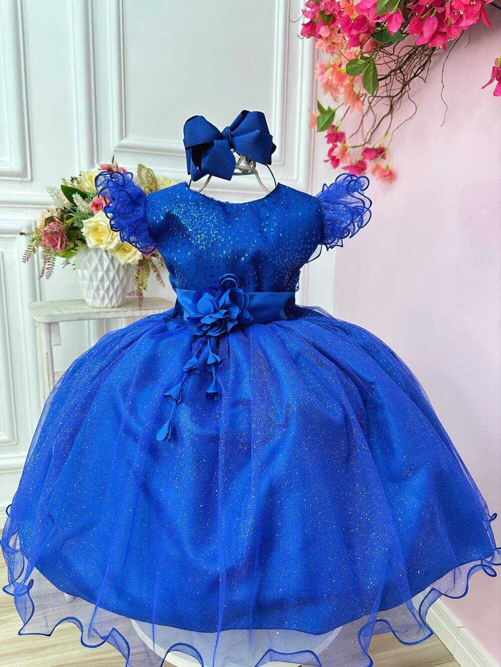 Vestido Infantil Azul Royal Com Glitter e Broche de Flor Luxo