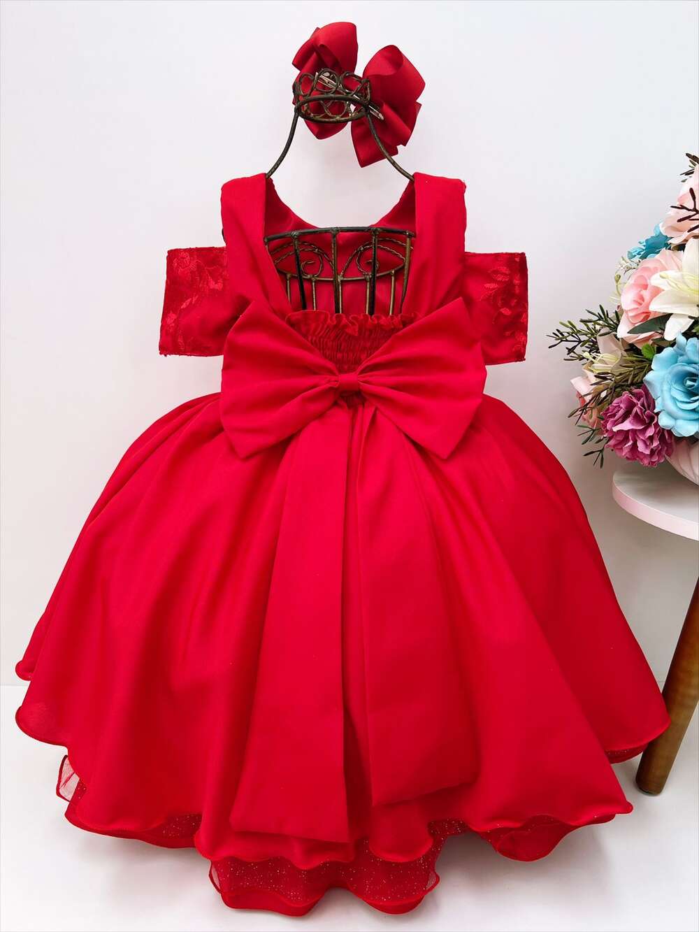 Vestido Infantil Vermelho C/ Renda Cinto Strass Luxo