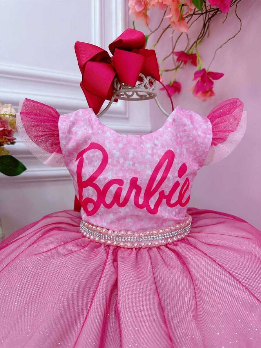 Vestido infantil Barbie Rosa Babados Glitter Brilho luxo