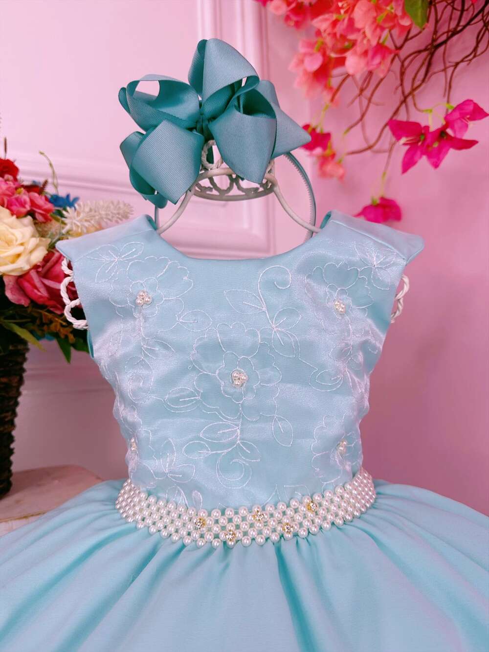 Vestido Infantil Verde C/ Renda Flores e Pérolas Damas Luxo