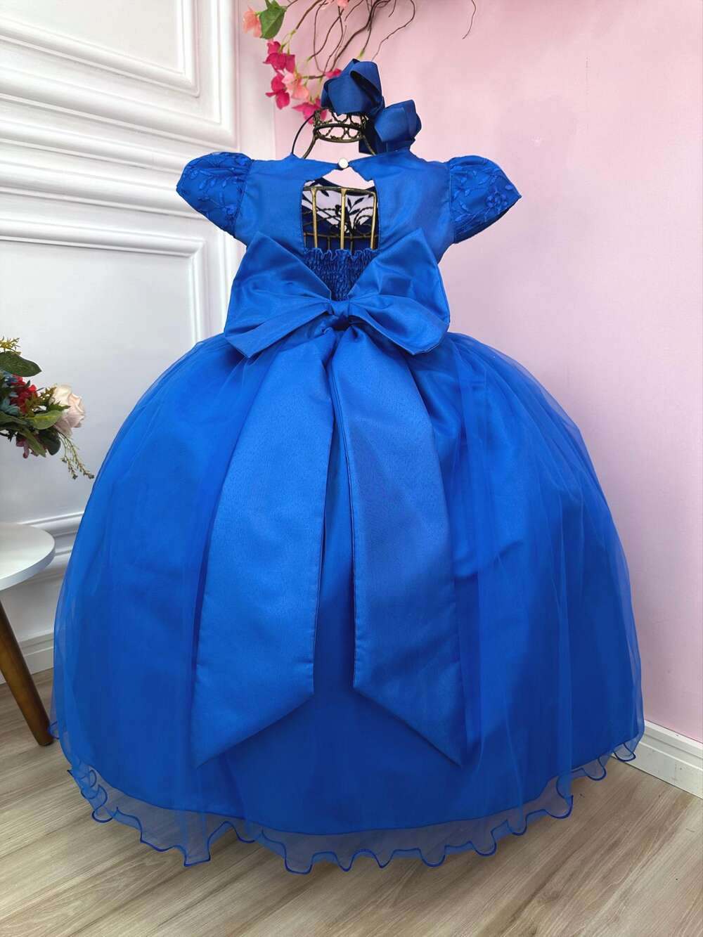 Vestido Infantil Dama Honra Azul Royal Casamento Renda