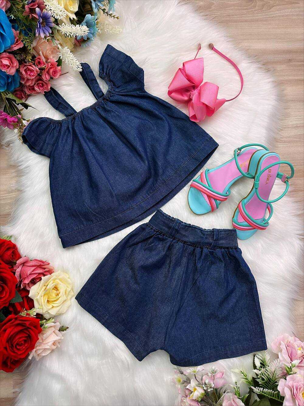 Conjunto Infantil Blusa e Short de Jeans Hey You Luxo