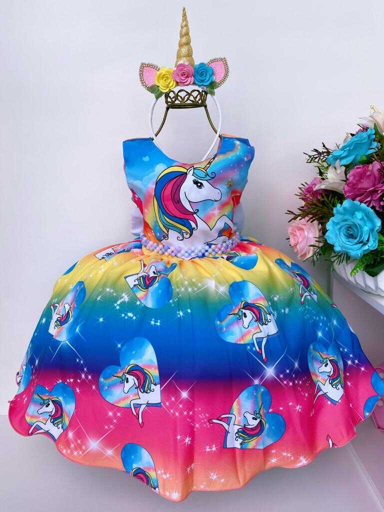 Vestido Infantil Unicórnio Colorido Corações Luxo