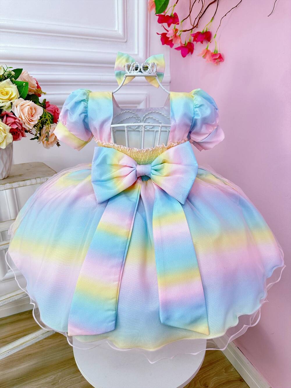 Vestido Infantil Colorido Circo Chuva de amor Pérolas Luxo