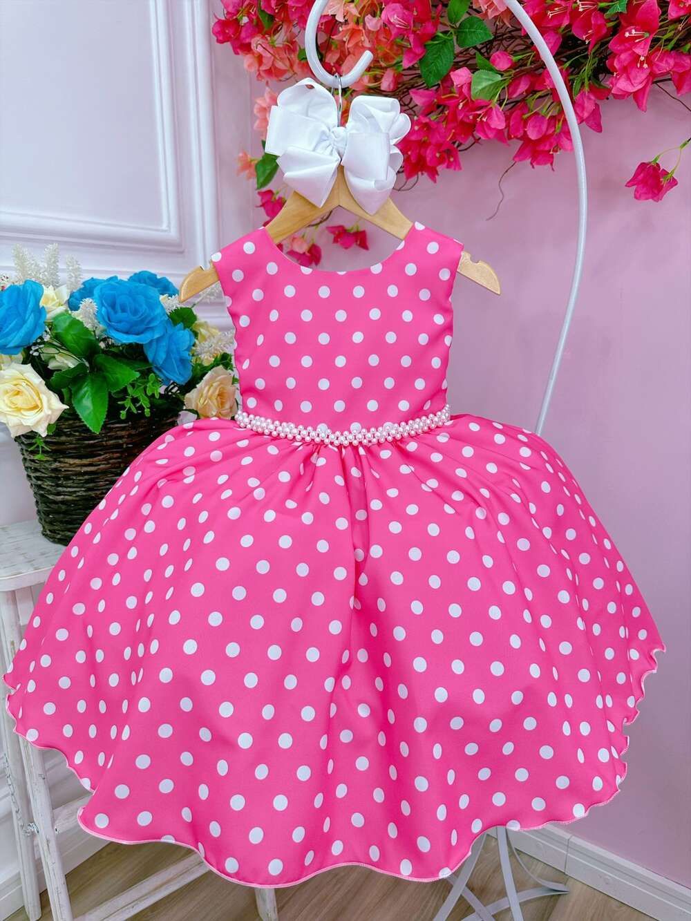 Vestido Infantil Barbie Rosa Chiclete C/ Bolinhas Brancas