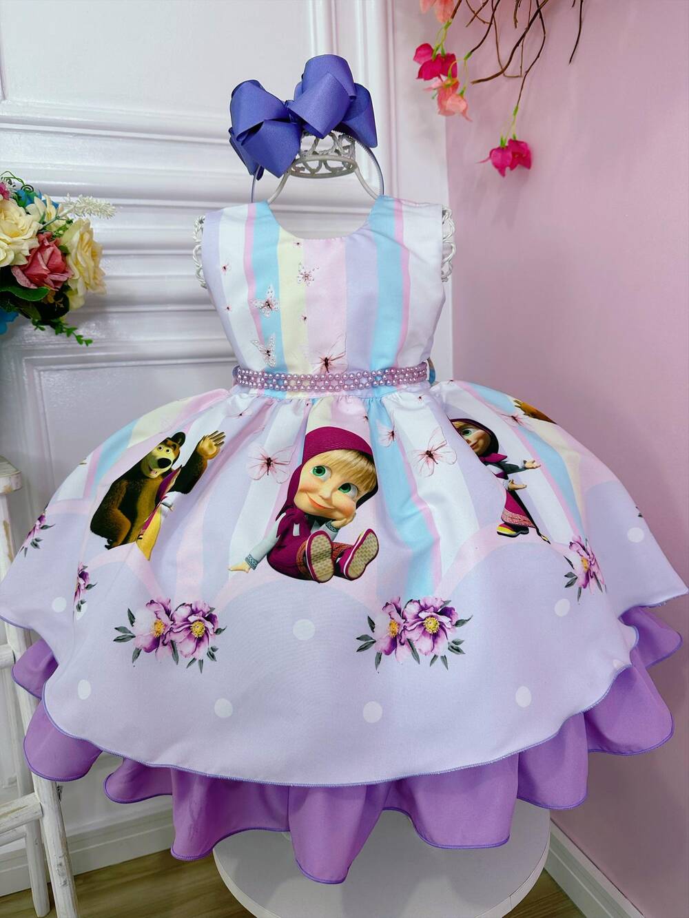 Vestido Infantil Masha e o Urso C/ Borboletas Cinto Pérolas