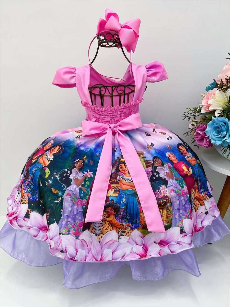 Vestido Infantil Encanto Rosa Chiclete Cinto Pérolas Mirabel