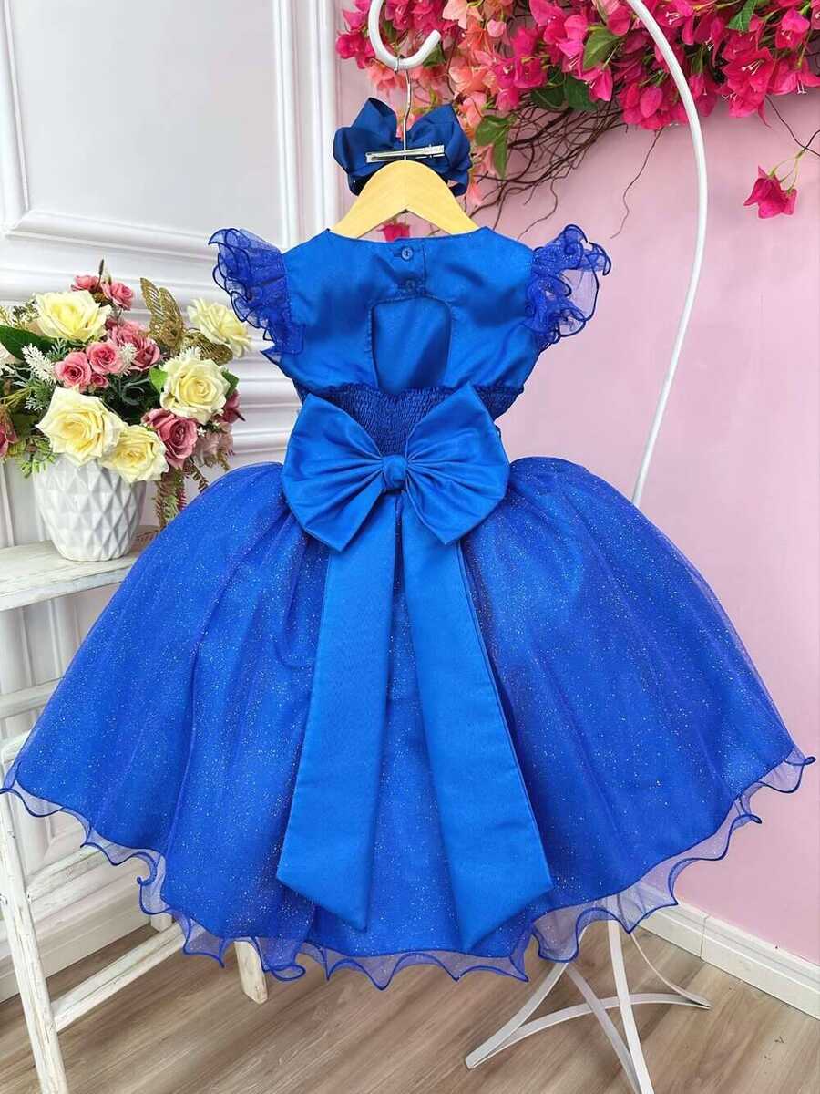 Vestido Infantil Azul Royal Com Glitter e Broche de Flor Luxo