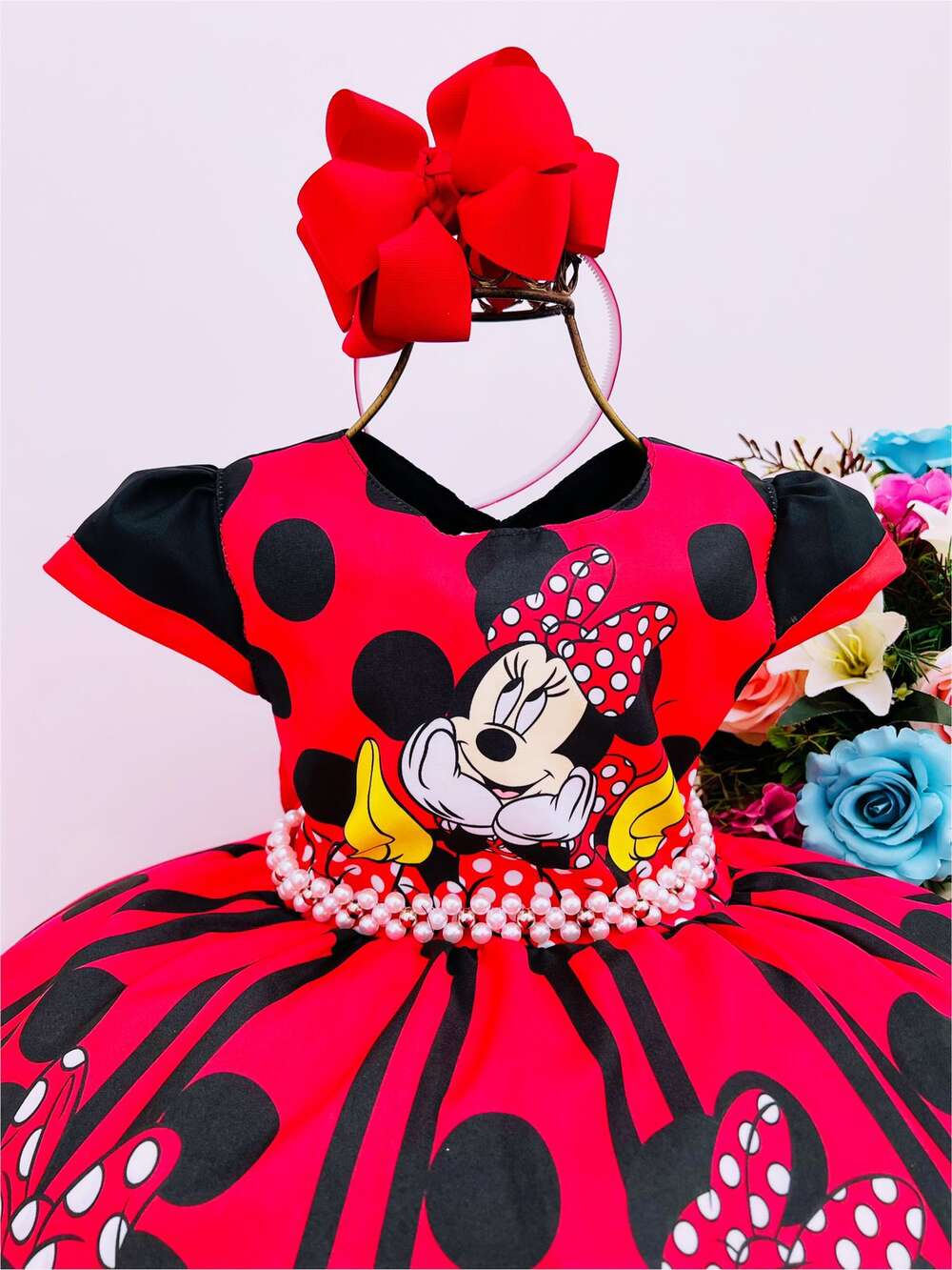 Vestido Infantil Vermelho Minnie com Cinto Pérolas Festas