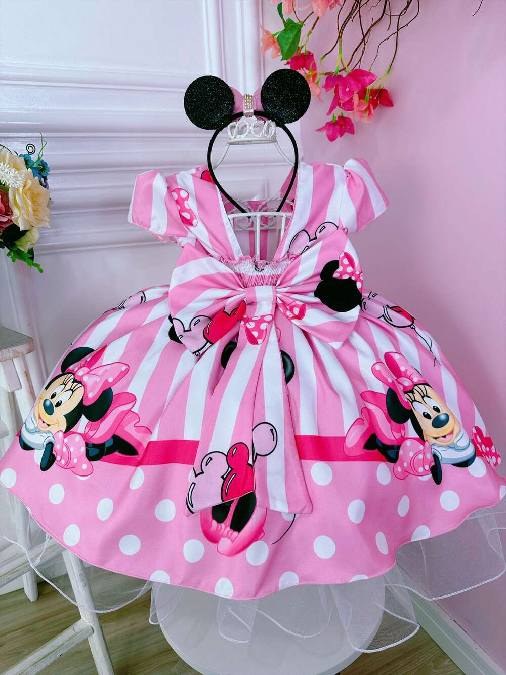 Vestido Infantil Minnie Rosa C/ Listras Cinto de Pérolas