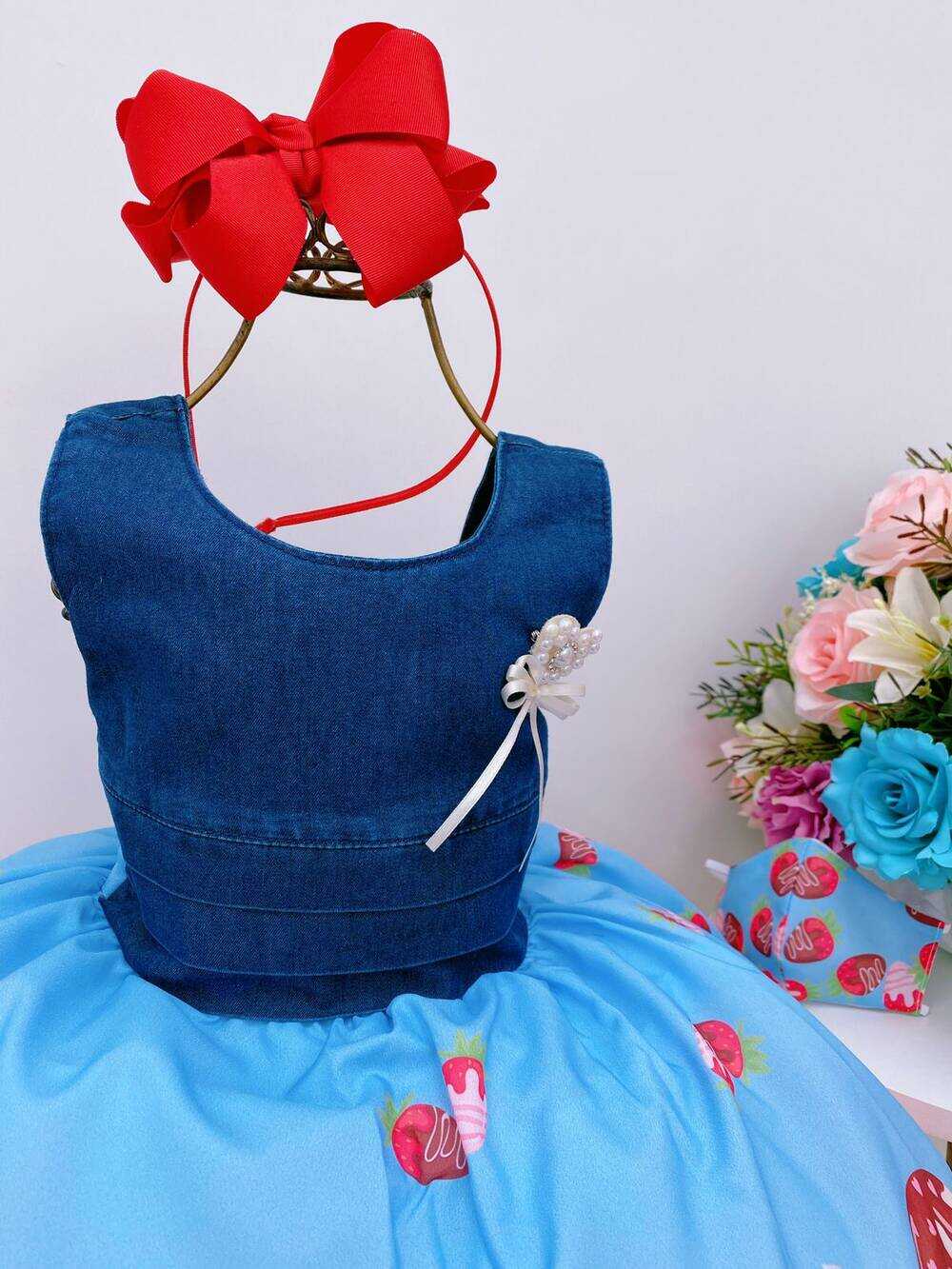 Vestido Infantil Jeans Saia Azul Doces Confeitaria